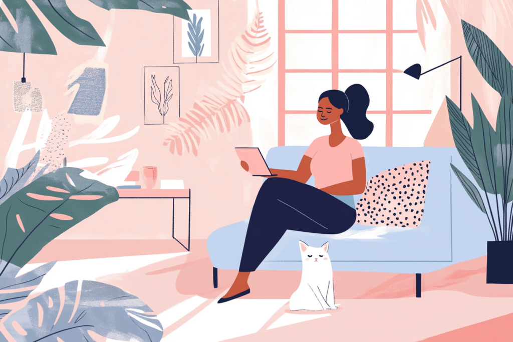 Woman sitting on a couch in her living room