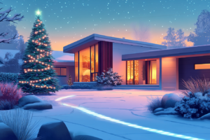 Home during Christmas time with lots of exterior and interior lights