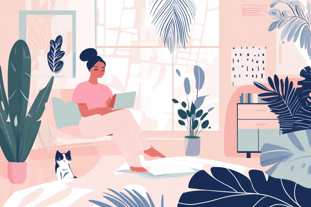 Woman sitting on a couch with her cat next to her