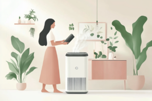 Woman using an air purifier at home