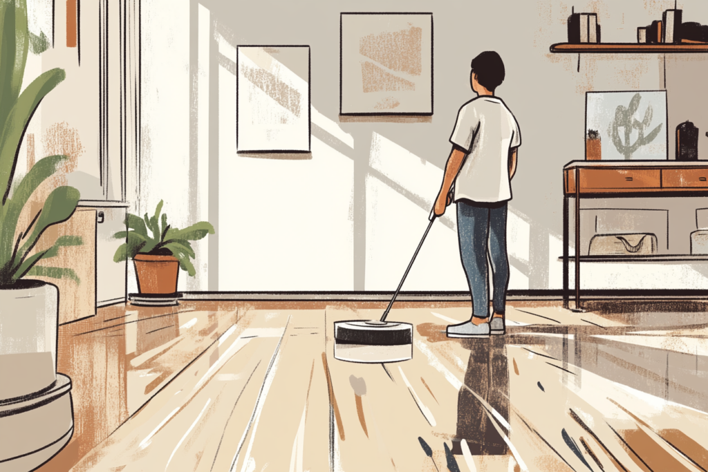 Man cleaning his floor and looking at artwork on the wall