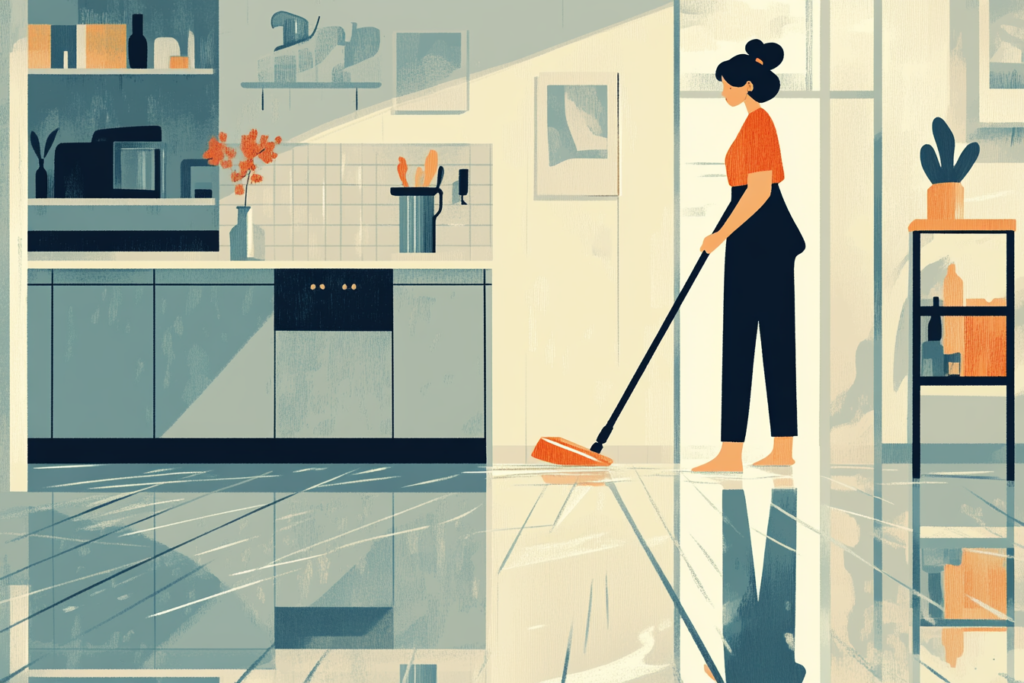 Woman cleaning her floors with a mop