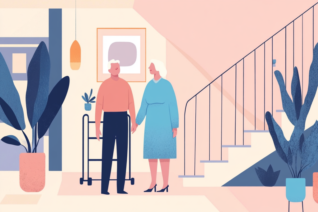 Two seniors holding hands by their stairs in their home