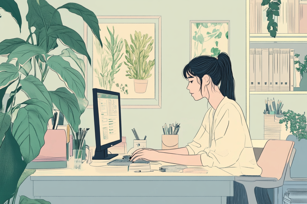 Woman working at her desk with plants around her