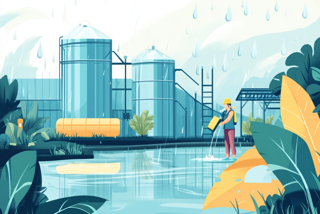 Graphic of a water treatment plant and a person working outside