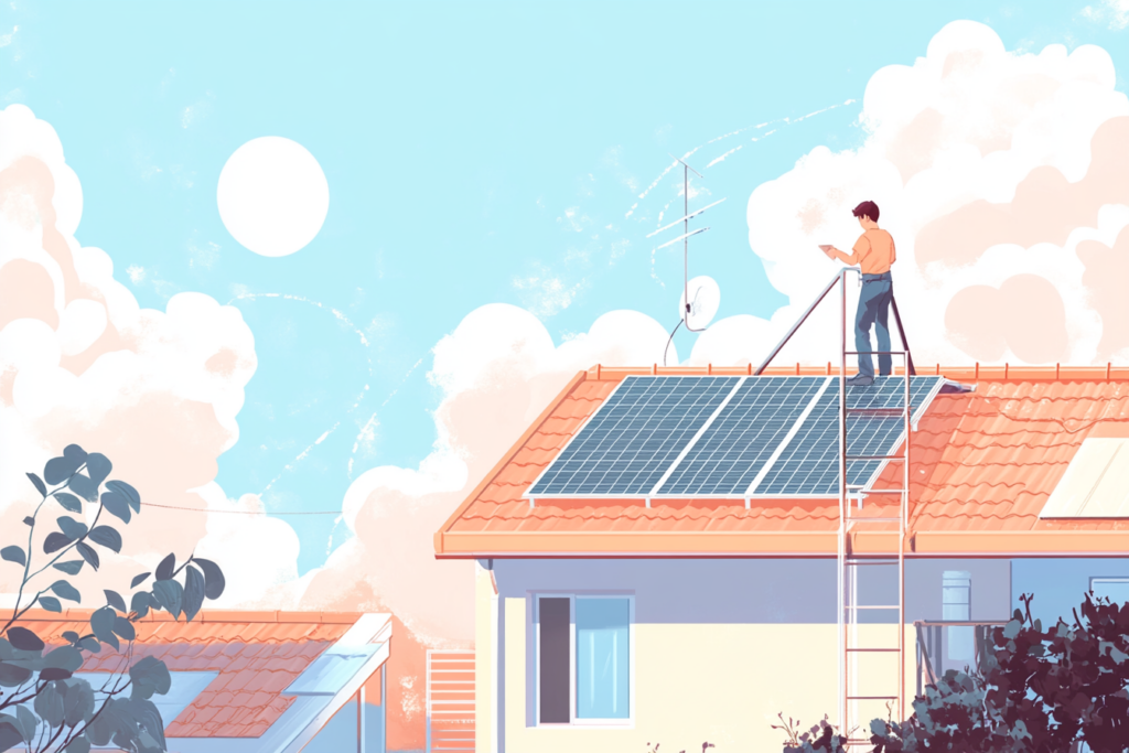 Man working on a roof with solar panels