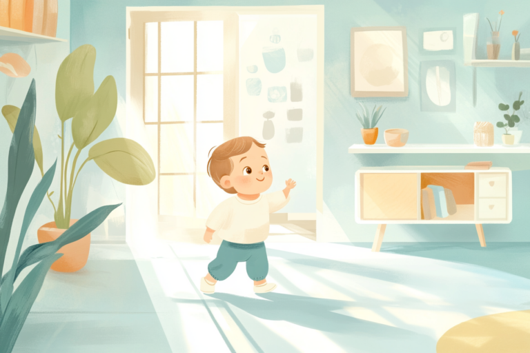 Toddler walking around in a child-proof living room looking up