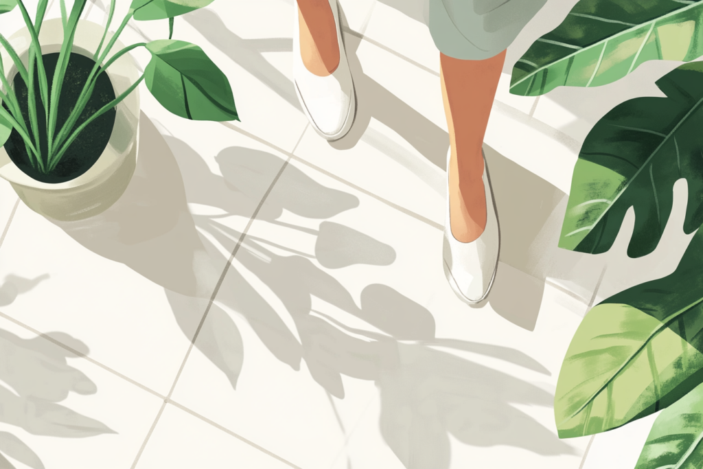 Woman walking on flooring with plants all around