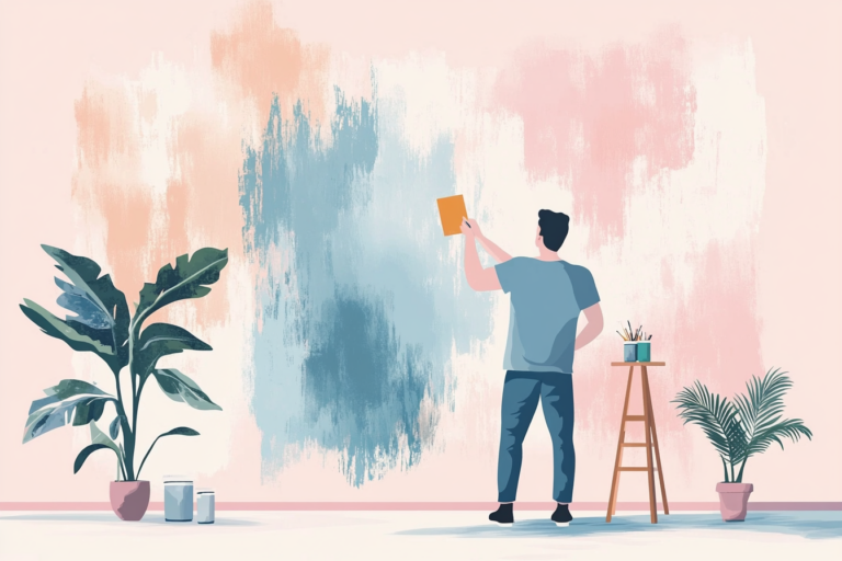 Man painting the wall in his house blue with different paint splotches around