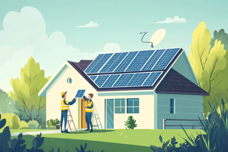 Two maintenance men working on solar panels on a home