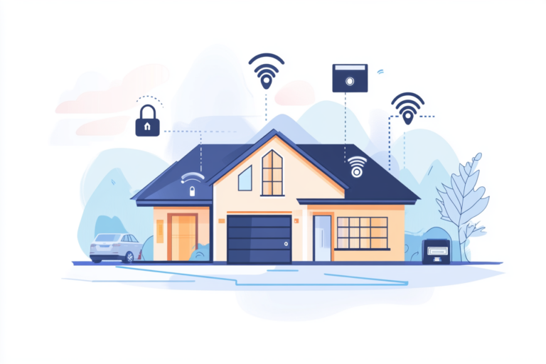 Home with AI home security system icons above the house