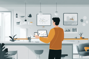 Man using a tablet in the kitchen to control his smart home
