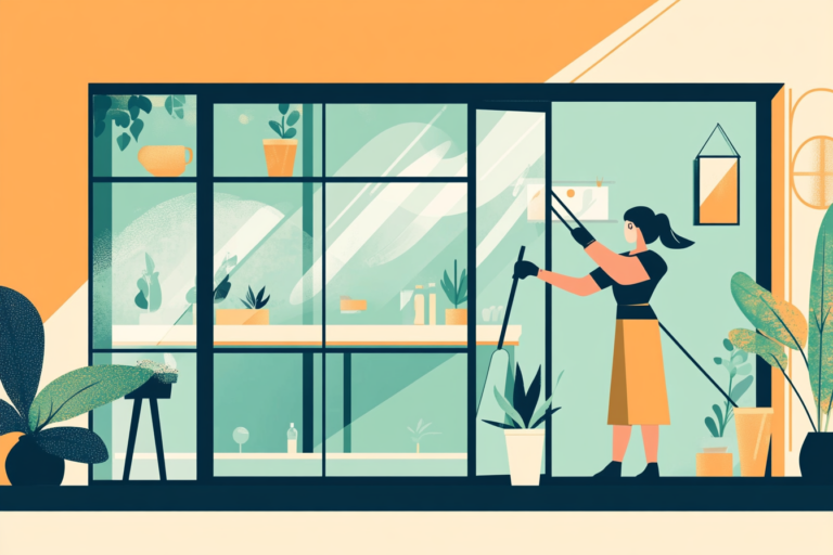 Woman cleaning her floor to ceiling windows