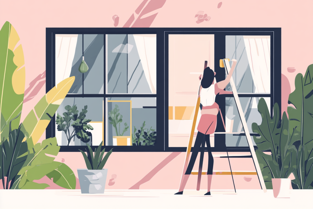 Woman standing and installing new windows to her home