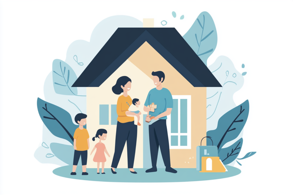 Happy family standing together outside their home