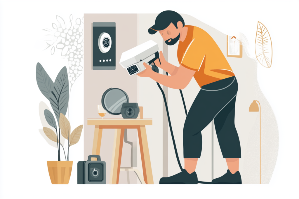 Man installing home security cameras