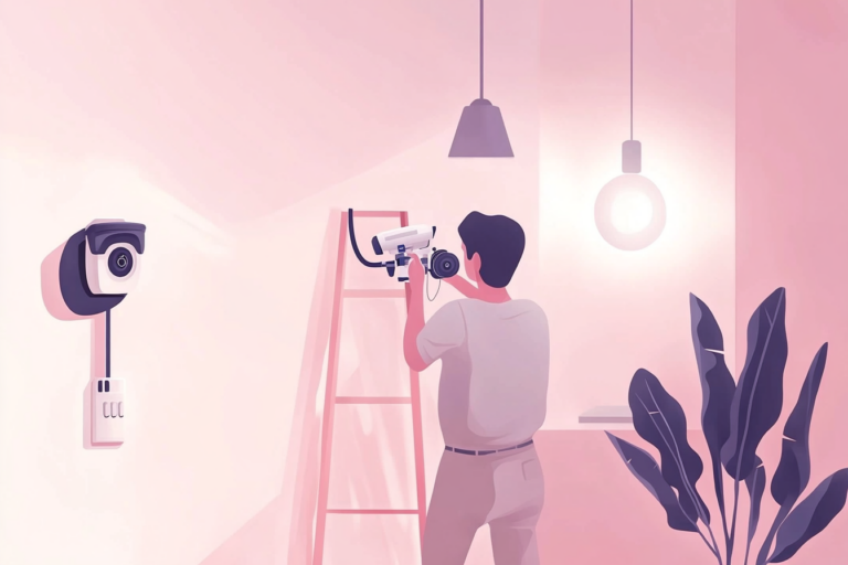 Man installing home security cameras at home