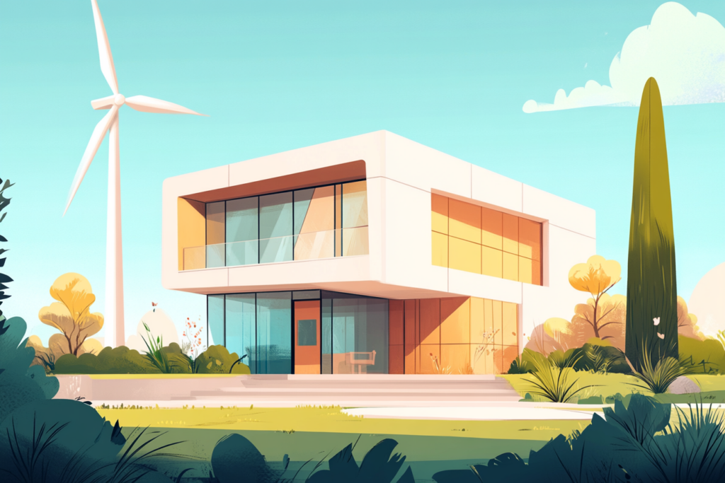 Modern home with a wind energy turbine behind it