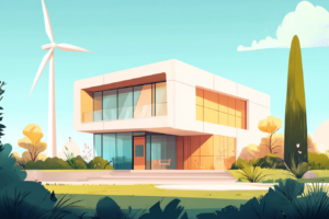 Modern home with a wind energy turbine behind it