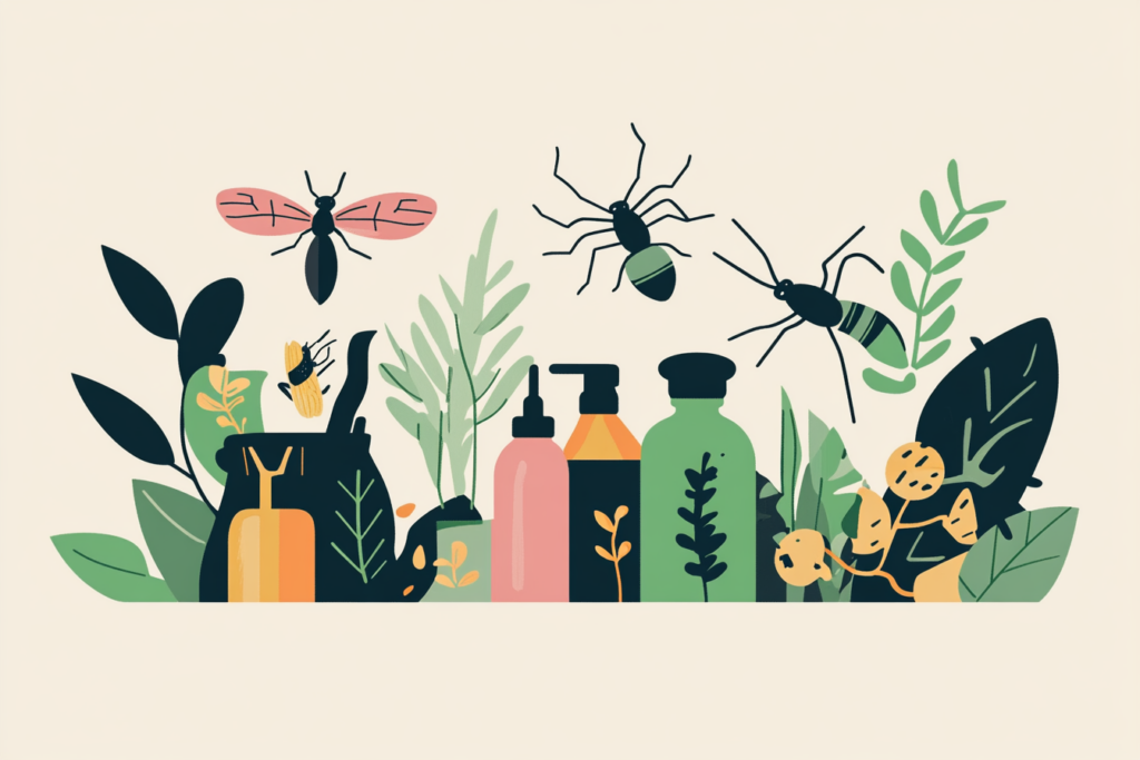 Different bugs, plants and natural pesticide sprays next to each other