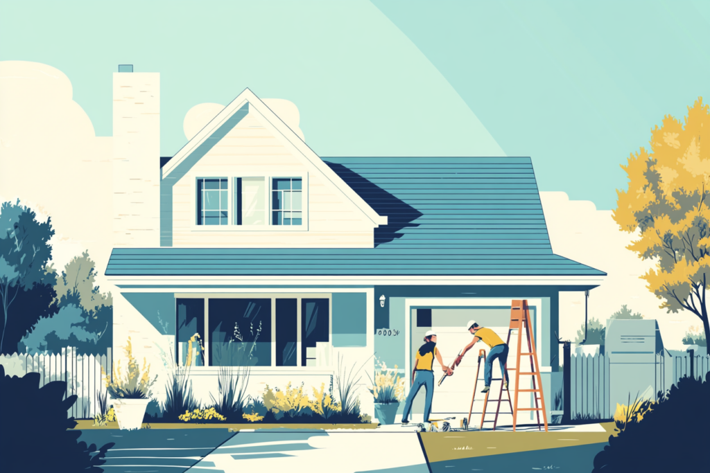Two maintenance workers working on a house and standing on a ladder