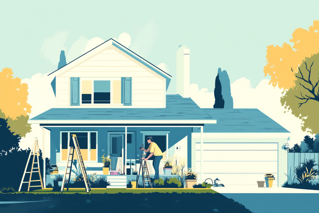 Someone working on the outside of their house during the summertime