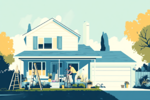 Someone working on the outside of their house during the summertime