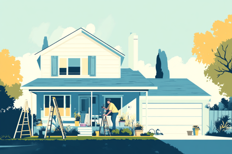 Someone working on the outside of their house during the summertime
