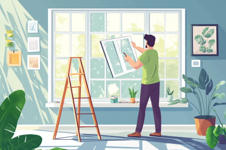 Man taking out old windows and looking at them