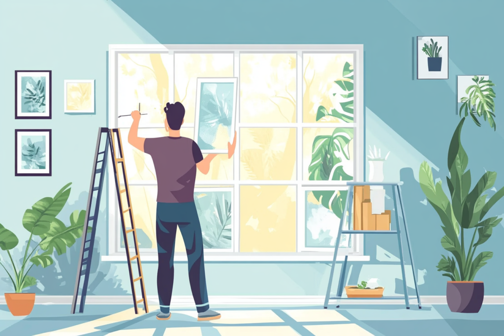 Man working on his windows at home