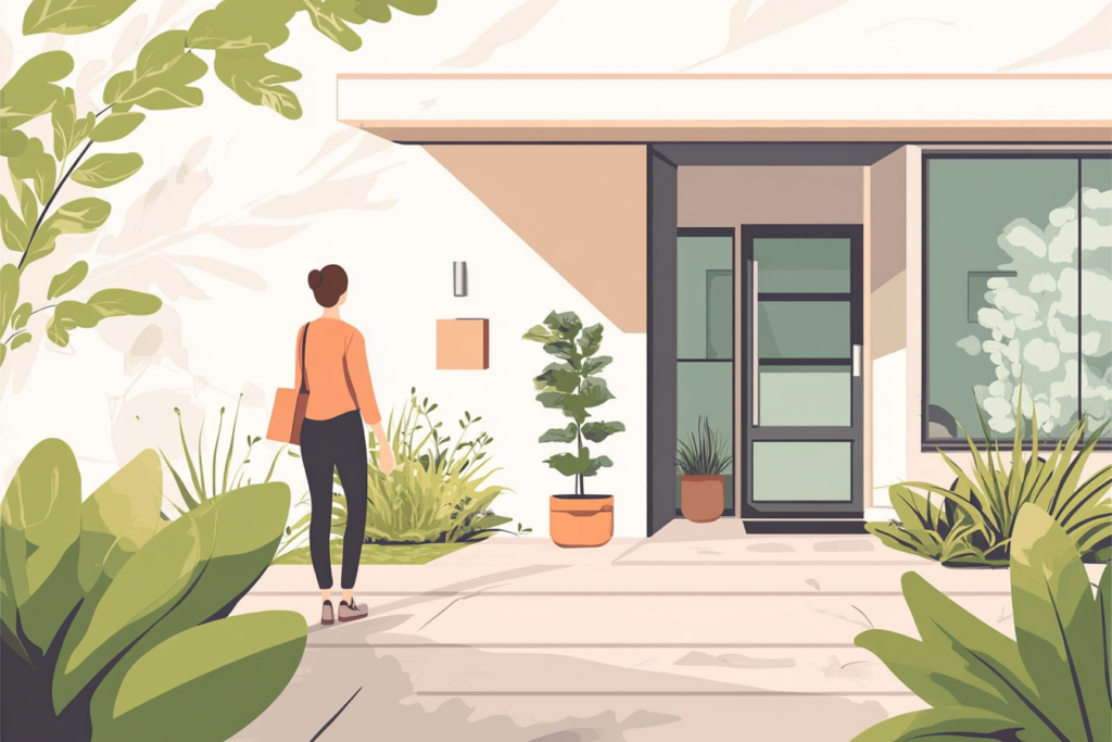 Front entrance of a home with lots of bushes around it