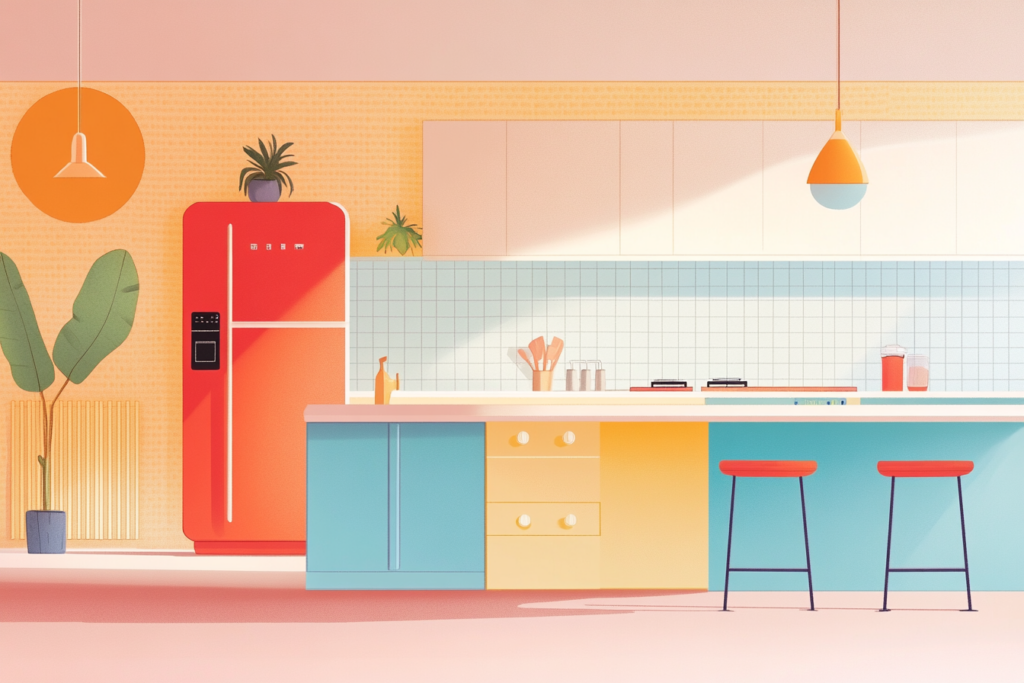 Kitchen with an energy efficient refrigerator