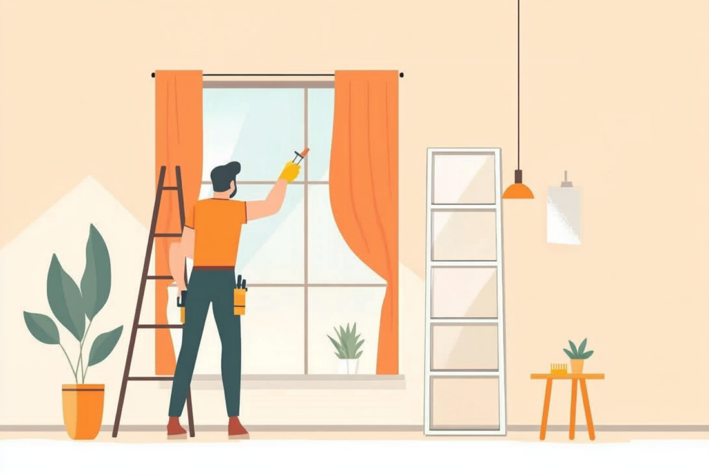 Man cleaning the middle of his windows at home