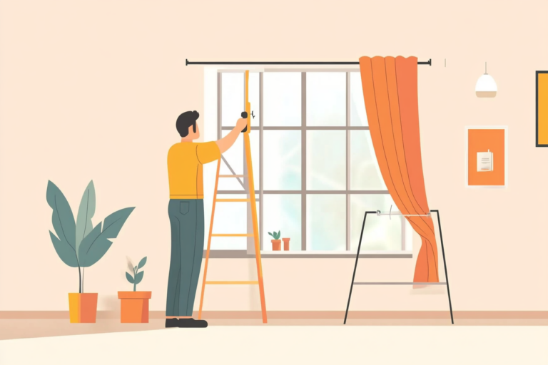 Man fixing his windows at home with a ladder and tools