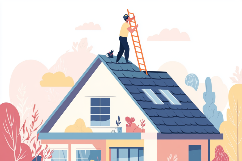 Man working on top of a roof with a ladder