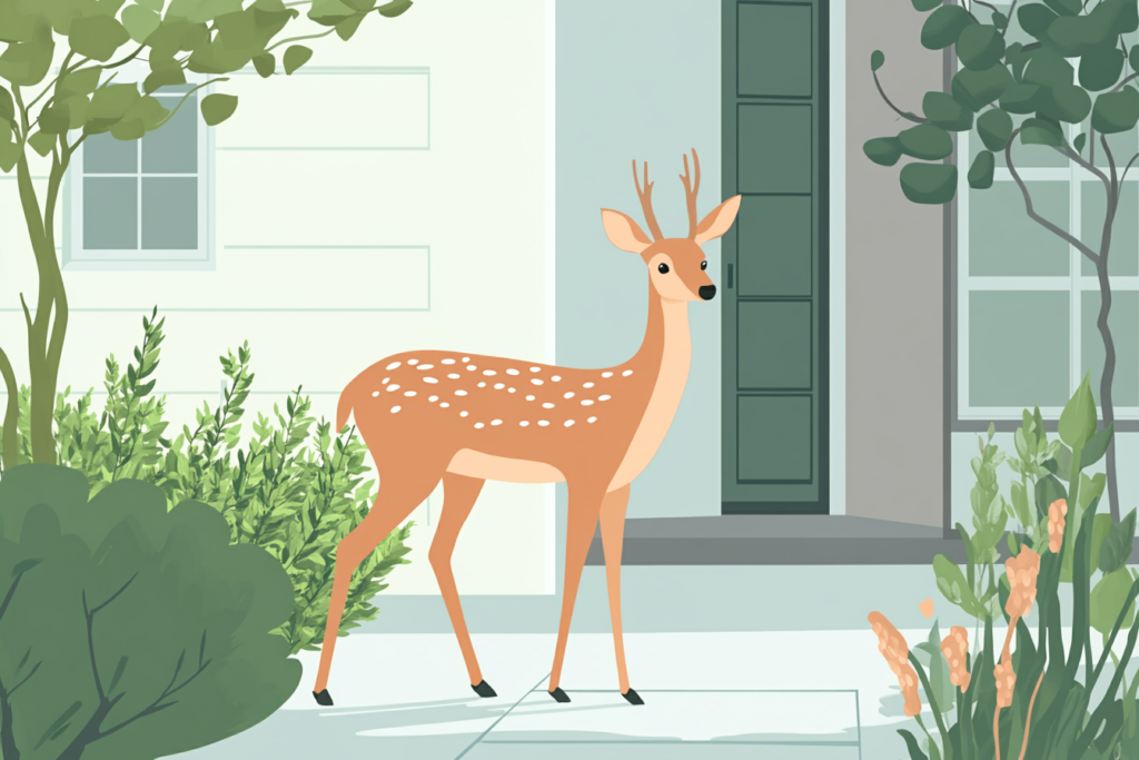 Deer walking around in the backyard of a home