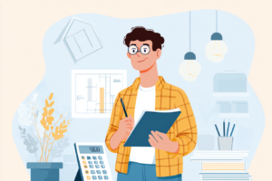 Man holding a clipboard with a budgeting spreadsheet in the background