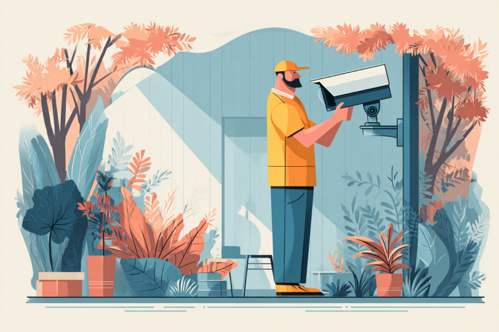 Man installing a security camera outside his home
