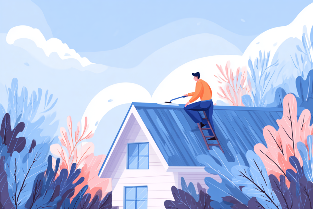 Man climbing on the roof and cleaning the top
