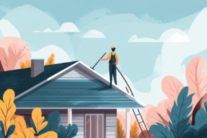 Man standing on the roof with a roof rake cleaning