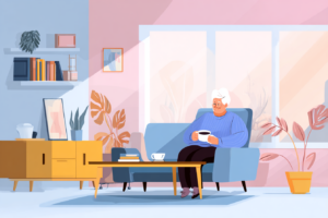 Older man sitting on his couch with a cup of coffee