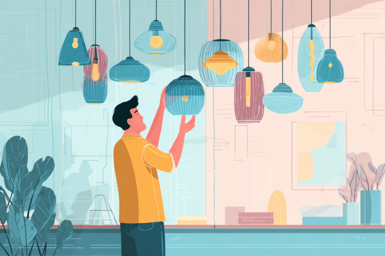 Man switching out lightbulbs from hanging chandelier