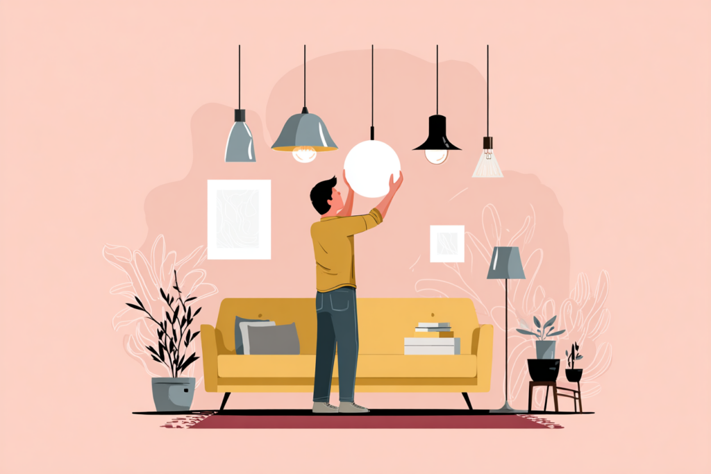 Man looking at hanging lightbulbs in his living room