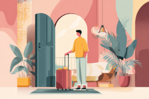 Man with a suitcase leaving his house with the front door open