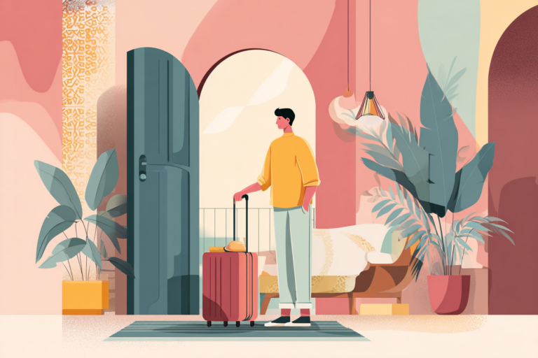 Man with a suitcase leaving his house with the front door open