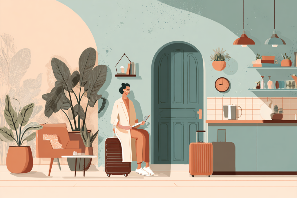 Woman sitting on her suitcase looking at a checklist inside her home