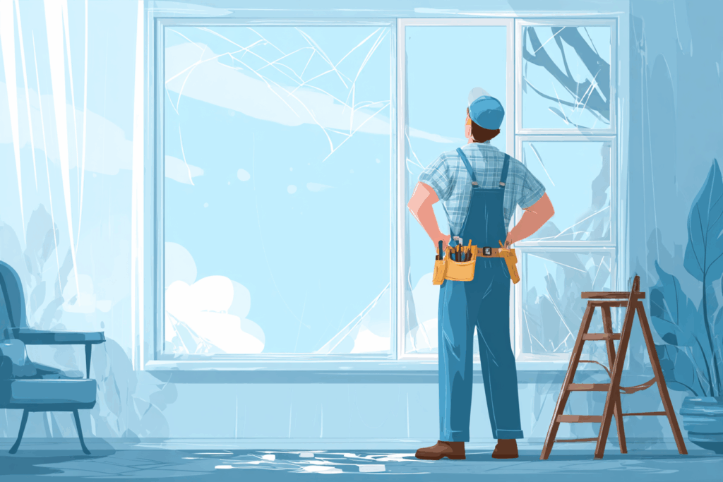 Man standing and looking out his window with cracks on it
