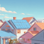 A neighborhood full of houses and one with a solar panel roof
