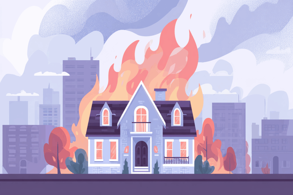 House that is on fire and has flames in the background