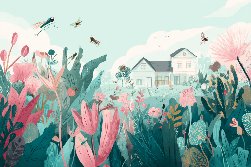 House with a variety of plants and insects outside